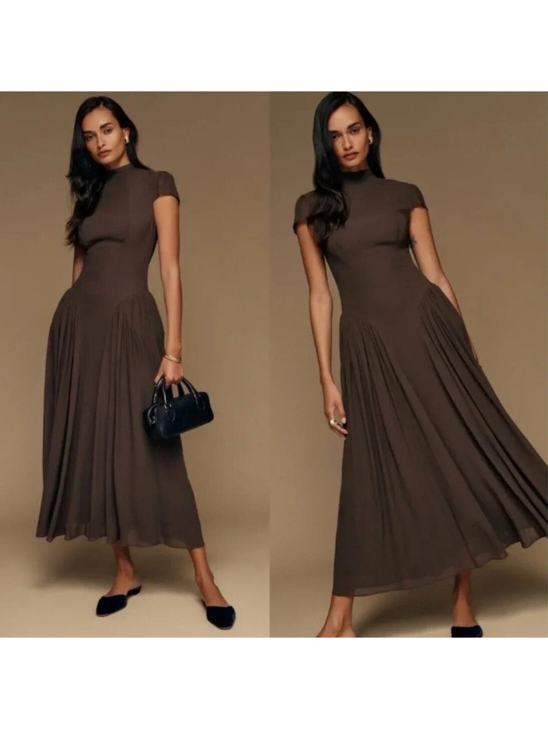 Reformation Maven Midi Dress Mole Brown Mock Neck Puff Sleeve Size 4 Nwt